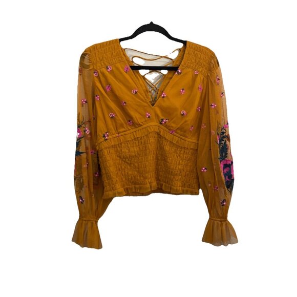 Anthropologie Embroidered Gold Smocked Tulle Blouse Size Medium Boho Peasant - Picture 3 of 15